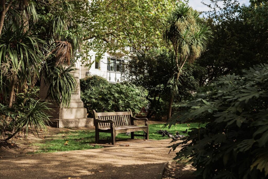 A wooden bench in a small leafy public garden in central London